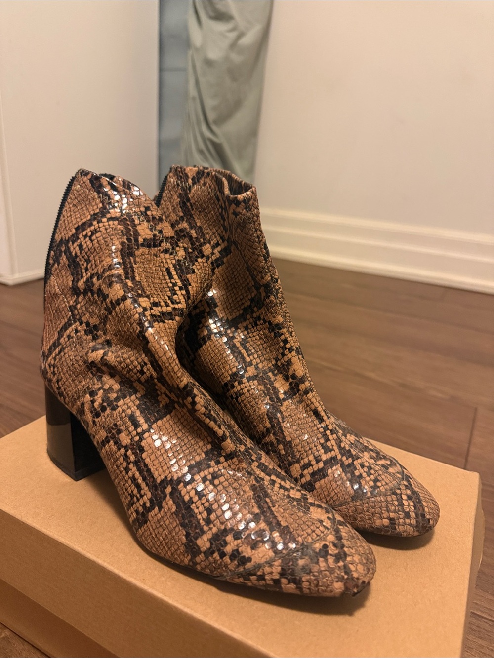 Zara Brown Snake-Print Block Heel Ankle Boots